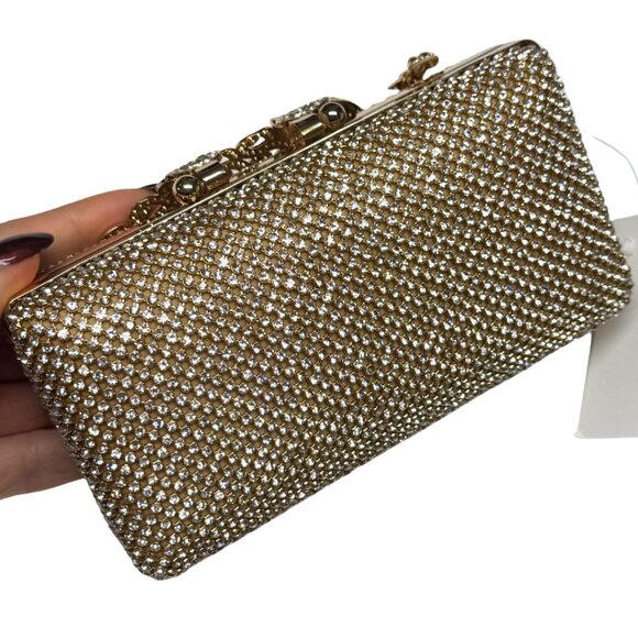 Gold Rhinestone Evening Clutch Peacock Clasp Elegant Formal Purse NWT - Picture 11 of 16
